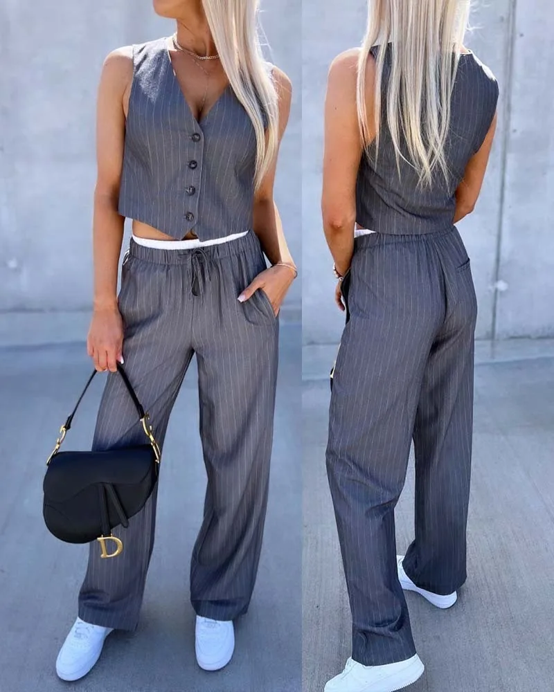 Summer Women 2 Piece Suit Causal Striped V-Neck Sleeveless Thick Strap Tank Tied Detail Straight Pants Work Pants Set
Summer Women 2 Piece Suit Causal Striped V-Neck Sleeveless Thick Strap Tank Tied Detail Straight Pants Work Pants Set