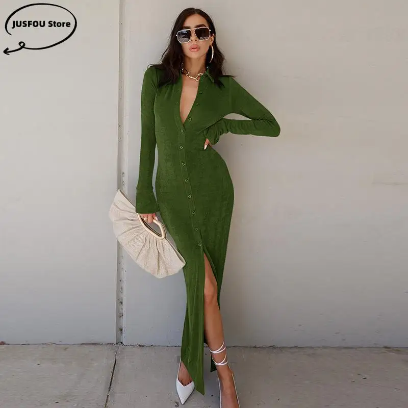 2024 Women Knitting Dresse Long Sleeve Button Robe Elegant V-Neck Vestidos Sexy Split Dresses Party Clubwear Solid Clothes
2024 Women Knitting Dresse Long Sleeve Button Robe Elegant V-Neck Vestidos Sexy Split Dresses Party Clubwear Solid Clothes