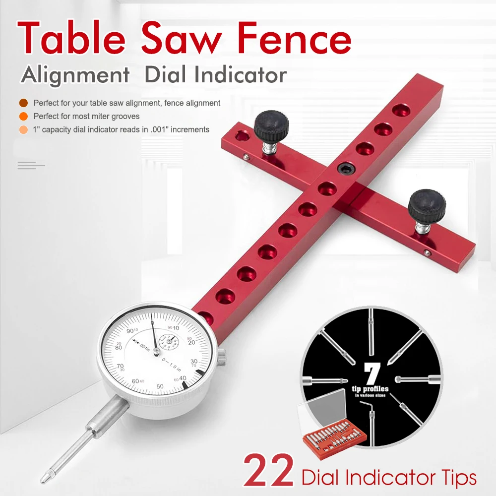Table Saw Fence Alignment Dial Indicator with 22 Tips - 0.001" Precision 1" Range for Table Saw & Miter Groove Alignment