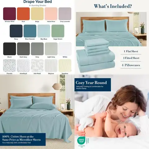 Baumwoll-Queen-Bettlaken-Set – Cool, 15 Taschen, 4 Kissenbezüge, tiefe Tasche, ultraweich, blauer Himmel