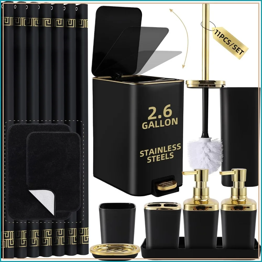 XLHOMO Black Bathroom Set: Shower Curtain, Rugs, Soap Dispenser, Toilet Brush & Trash Can
XLHOMO Black Bathroom Set: Shower Curtain, Rugs, Soap Dispenser, Toilet Brush & Trash Can