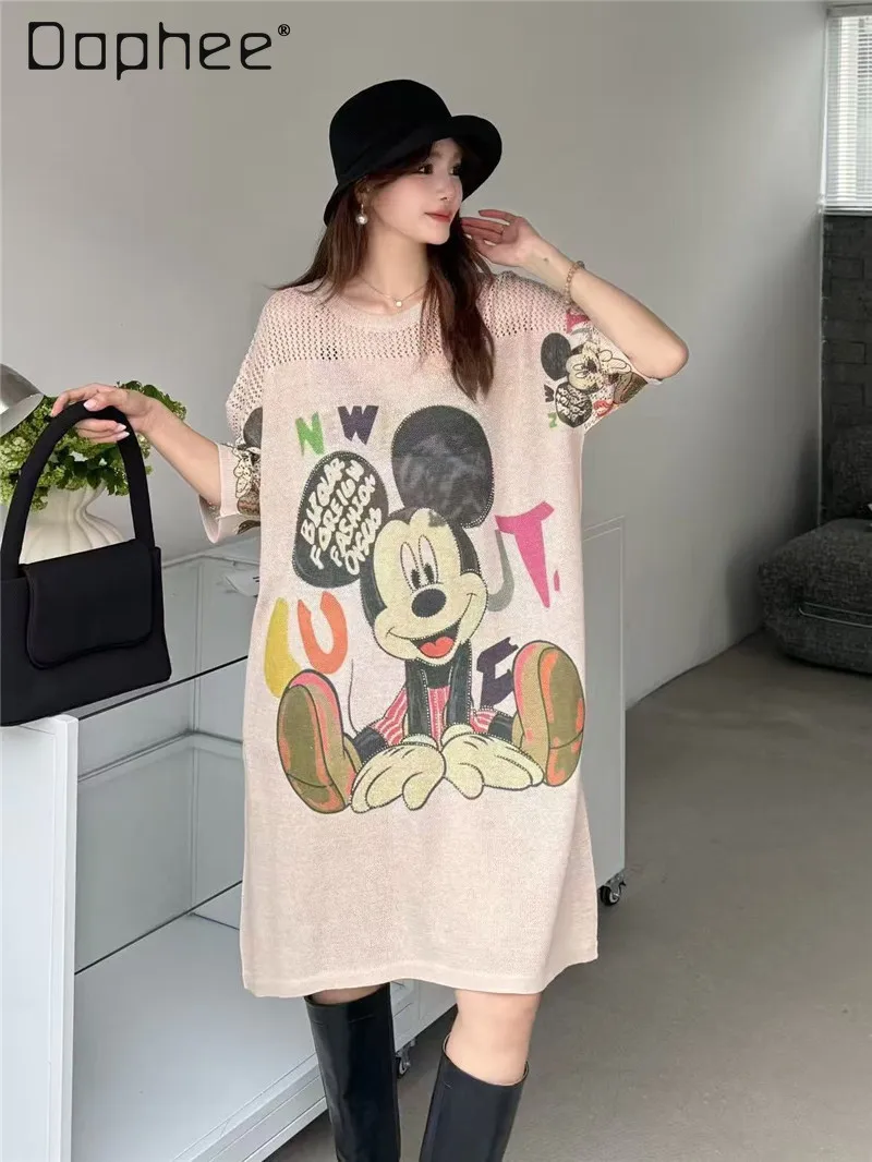 Ice Silk Cartoon Print Medium Length Knitted T-shirt Dress Women's Round Neck Short Sleeve Cartoon Print Hot Drill Hollow Dress
Ice Silk Cartoon Print Medium Length Knitted T-shirt Dress Women's Round Neck Short Sleeve Cartoon Print Hot Drill Hollow Dress