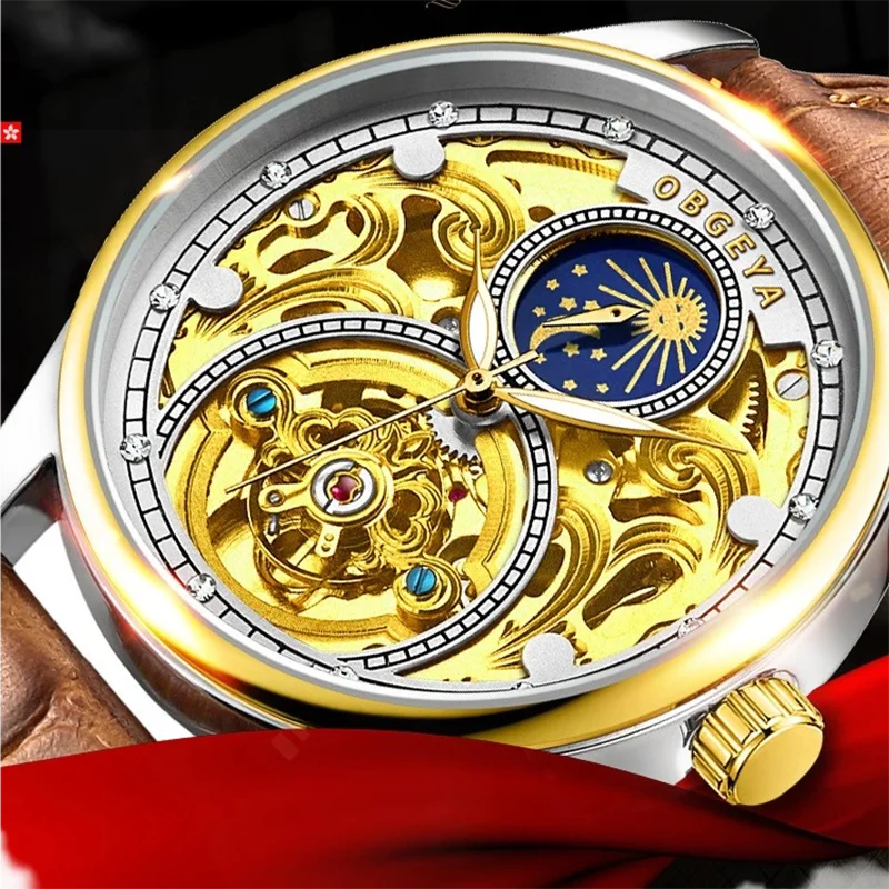 OBGEYA Men's Watch Hollow Moon Phase Tourbillon Fully Automatic Mechanical Wristwatch Men's Leather Strap Waterproof Watches
OBGEYA Men's Watch Hollow Moon Phase Tourbillon Fully Automatic Mechanical Wristwatch Men's Leather Strap Waterproof Watches