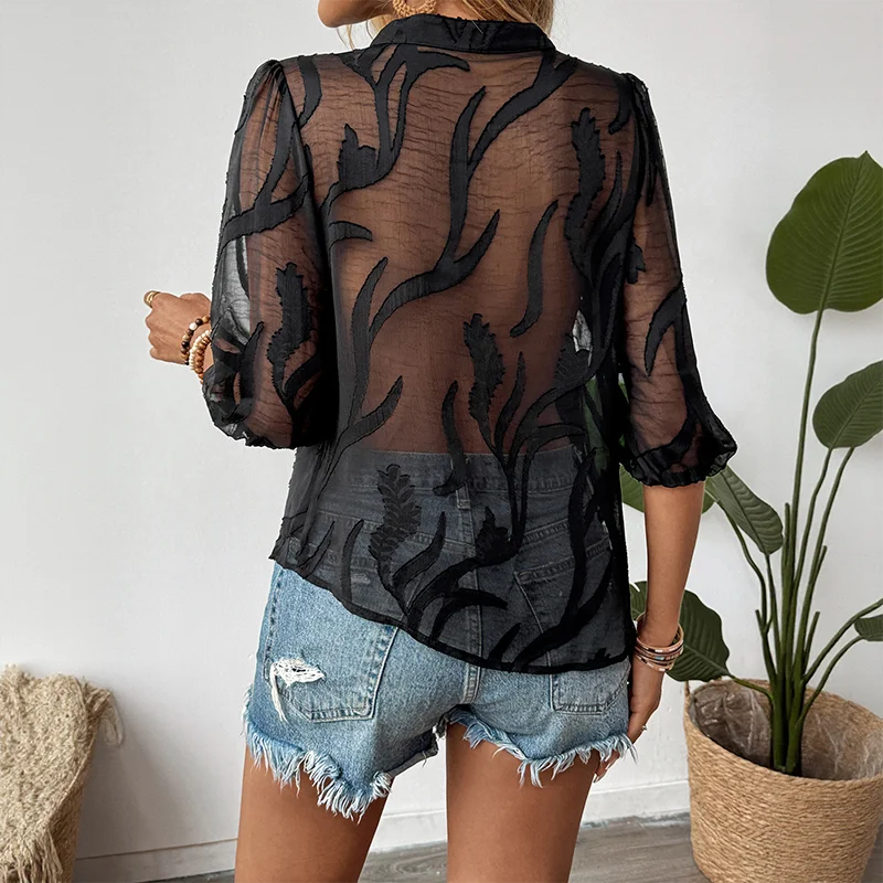 Faionable Summer Women's Blouse Casual Loose Polyester Transparent Top V-Ne Six-Sve Thin Polyester Fabric irt
Faionable Summer Women's Blouse Casual Loose Polyester Transparent Top V-Ne Six-Sve Thin Polyester Fabric irt