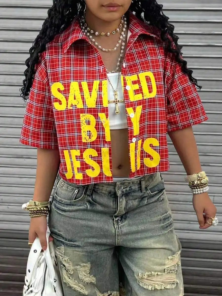 Red Plaid Short Sleeve Crop Top with Bold Yellow 'SAVED BY JESUS' Print, Streetwear Style
Red Plaid Short Sleeve Crop Top with Bold Yellow 'SAVED BY JESUS' Print, Streetwear Style