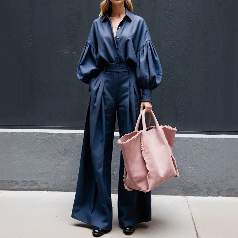 Women's Lapel Button Shirt and Pants Casual Suit Elegant Lantern Sleeve Commuting Outfit High Street Solid Color Loose Two Piece
Women's Lapel Button Shirt and Pants Casual Suit Elegant Lantern Sleeve Commuting Outfit High Street Solid Color Loose Two Piece