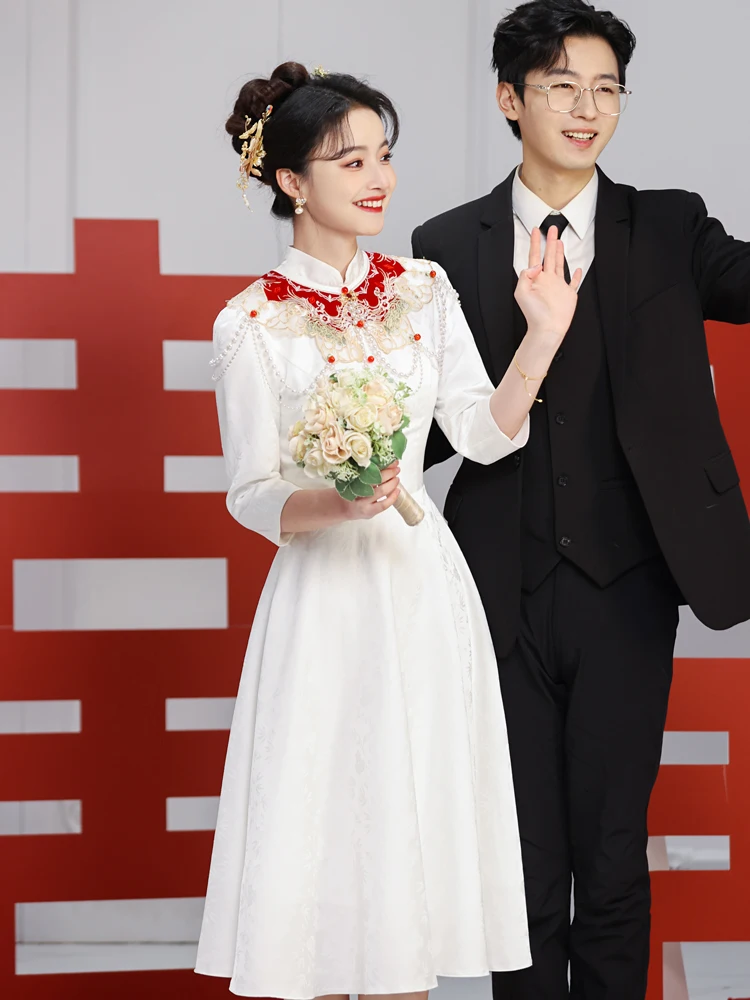 White Engagement Dr Fem Chinese Sle Wedding Dr Middle Waist A-Line Skirt Five Sve Pearl Embellied
White Engagement Dr Fem Chinese Sle Wedding Dr Middle Waist A-Line Skirt Five Sve Pearl Embellied