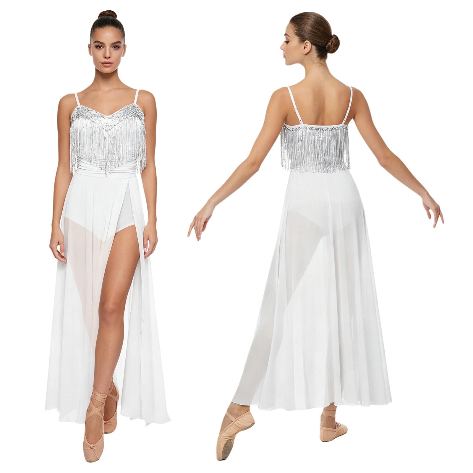 Women Modern Lyrical Dance Leotard Dress Skating Gymnastics Acrobatics Dancewear Sleeveless Sequin Tassels Sheer Mesh Dresses
Women Modern Lyrical Dance Leotard Dress Skating Gymnastics Acrobatics Dancewear Sleeveless Sequin Tassels Sheer Mesh Dresses