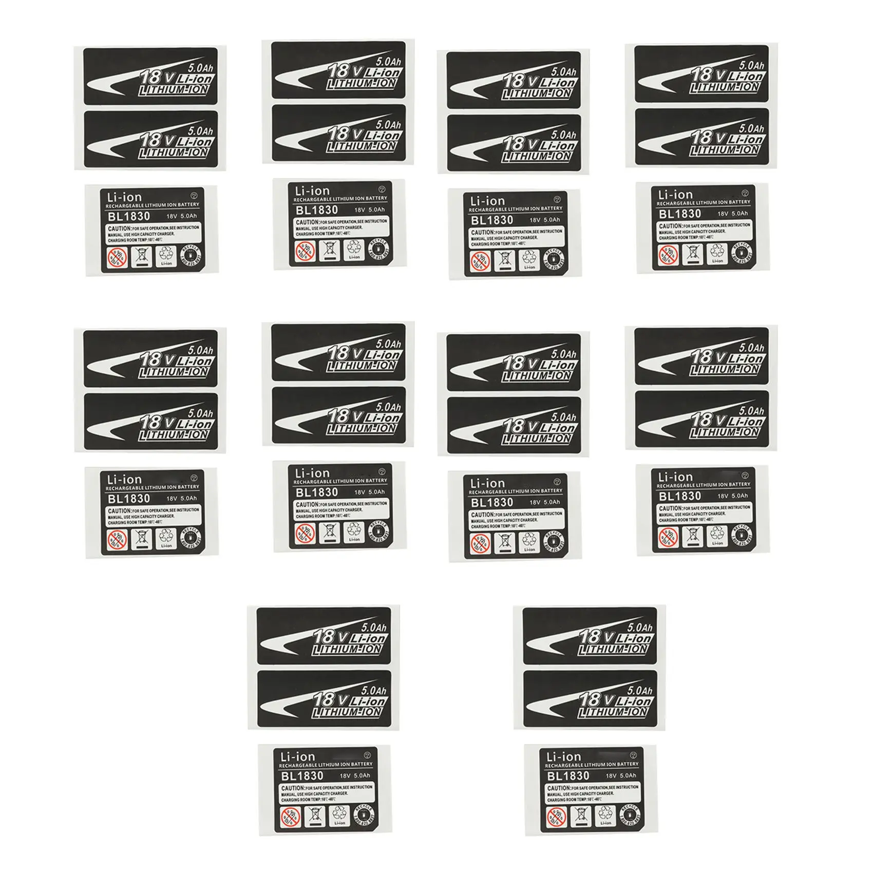 ABBO-10 Sets of BL1830 Label Lithium Ion Battery 18V 5.0Ah Sticker Label Suitable for Makita 18V Battery Logo
ABBO-10 Sets of BL1830 Label Lithium Ion Battery 18V 5.0Ah Sticker Label Suitable for Makita 18V Battery Logo