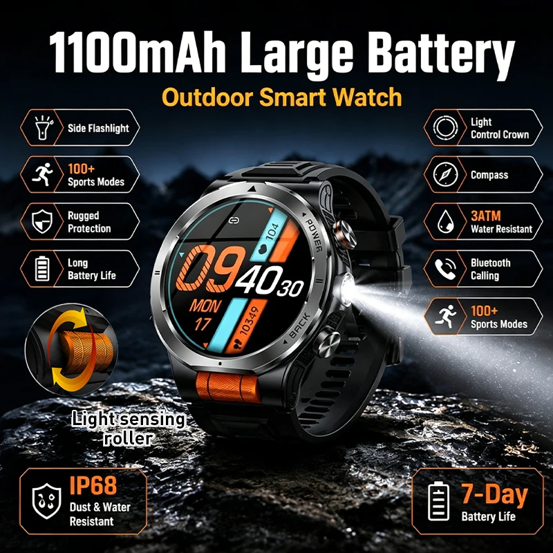 Men 1100mAh Smart Watch 3ATM Waterproof Bluetooth Call Military Compass 100+ Sports Modes Hiking Camping Adventure Smartwatch
Men 1100mAh Smart Watch 3ATM Waterproof Bluetooth Call Military Compass 100+ Sports Modes Hiking Camping Adventure Smartwatch