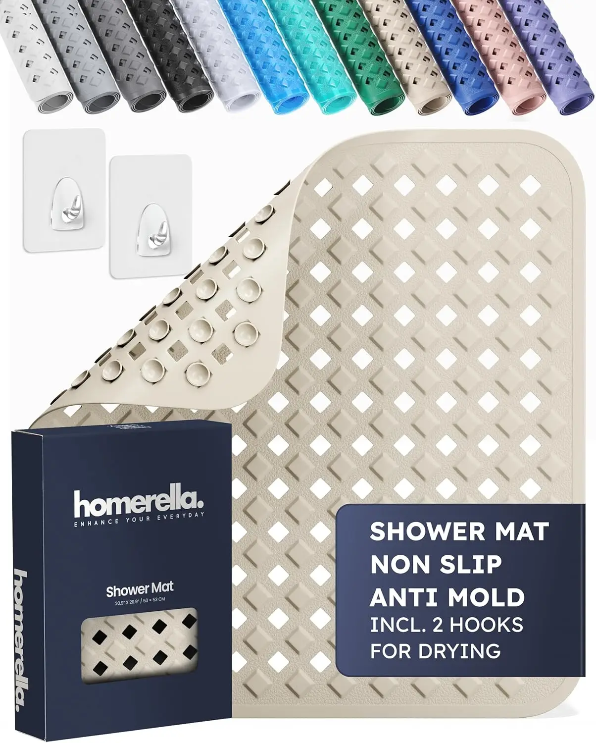 Non Slip Shower Mat 21x21 in, Anti Mold & Machine Washable, Suction Cups & Hooks for Quick Drying
Non Slip Shower Mat 21x21 in, Anti Mold & Machine Washable, Suction Cups & Hooks for Quick Drying