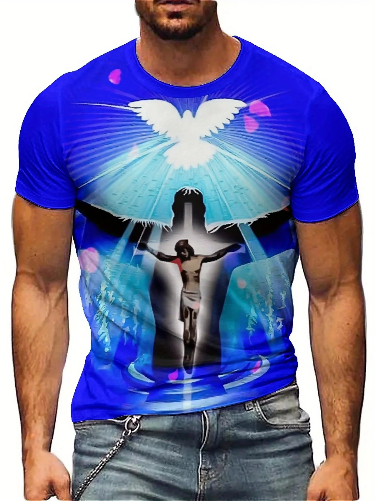 Men'S Plus Size 3D Print Jesus Graphic T-Shirt - Blue with White Wing Design, Short Sleeve, Breathable Polyester,
Men'S Plus Size 3D Print Jesus Graphic T-Shirt - Blue with White Wing Design, Short Sleeve, Breathable Polyester,