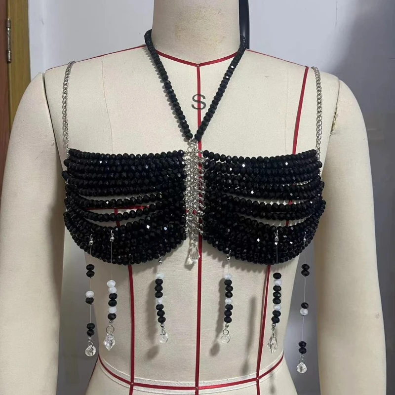 Black Beaded Festival Bra Top Statement Body Chain with Crystal Drops for Rave Clubwear Stage Performance or Summer Party Looks
Black Beaded Festival Bra Top Statement Body Chain with Crystal Drops for Rave Clubwear Stage Performance or Summer Party Looks