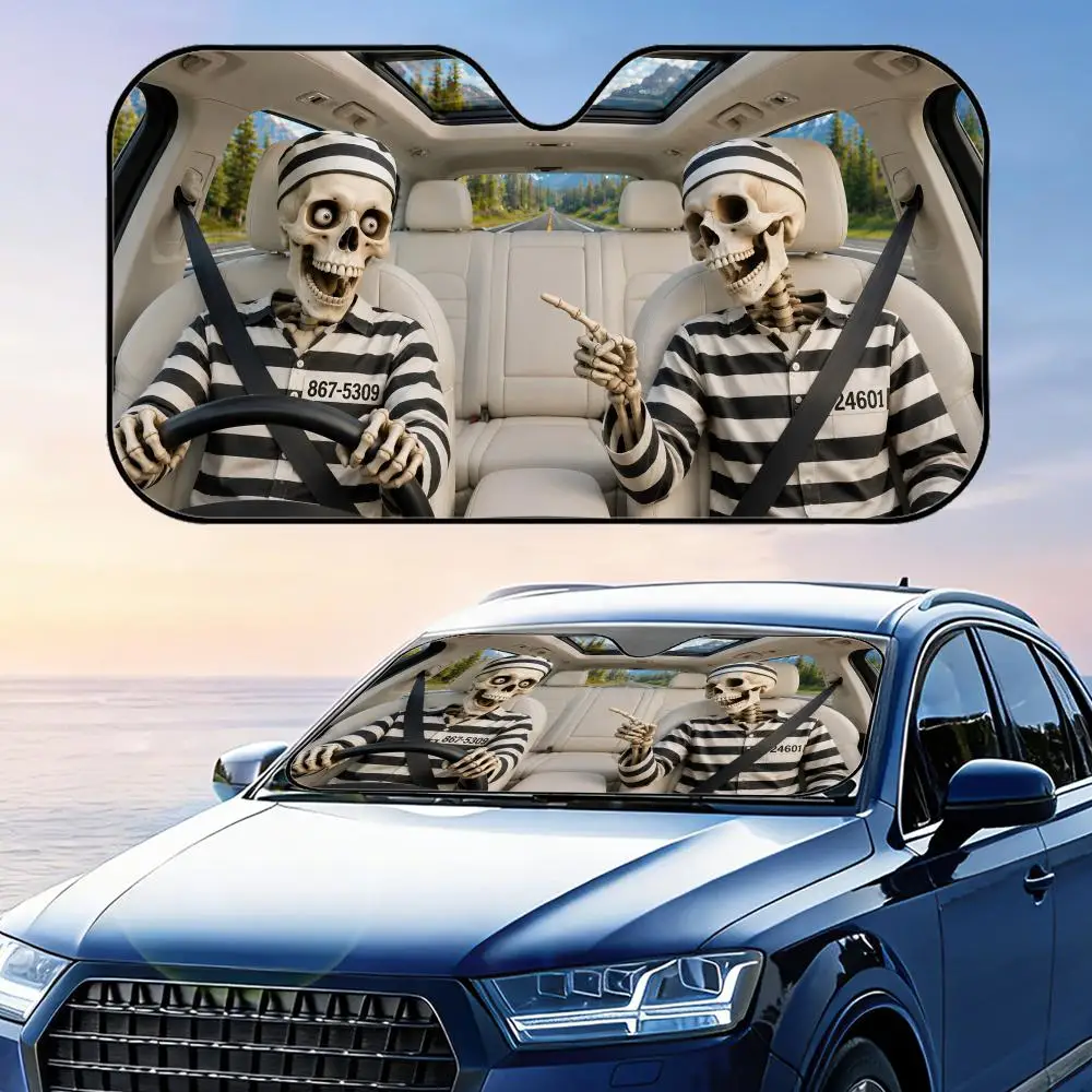 Funny Skeleton in Prison Uniform Sun Visor Car Windshield Sunshade UV Protection Reflective Foldable Heat Insulation Cover
Funny Skeleton in Prison Uniform Sun Visor Car Windshield Sunshade UV Protection Reflective Foldable Heat Insulation Cover