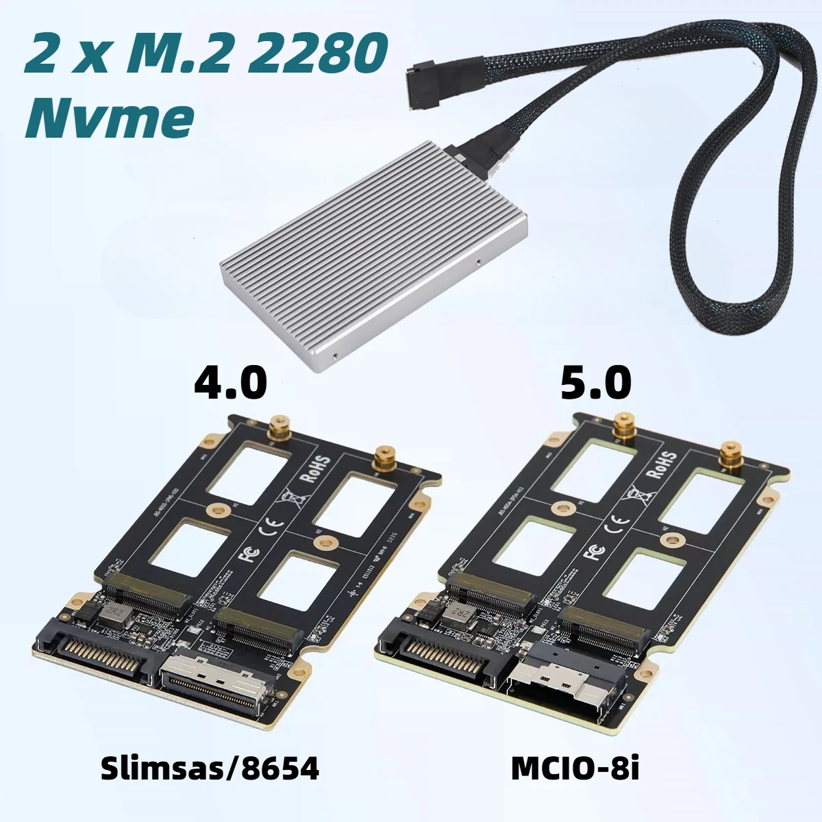 External Graphics V100 SlimSAS SFF-8654 / MCIO 5.0 8i To 2*M.2 2280 NVMe Hard Disk Adapter (Split X4X4) Server HDD Heatsink Case
External Graphics V100 SlimSAS SFF-8654 / MCIO 5.0 8i To 2*M.2 2280 NVMe Hard Disk Adapter (Split X4X4) Server HDD Heatsink Case