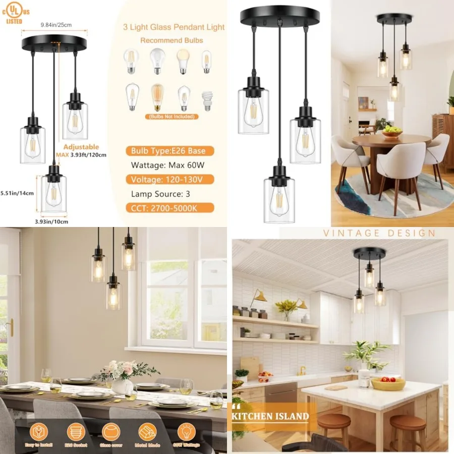 3-Light Pendant Light Fixtures, Black Pendant Lights Kitchen Island, Adjustable Pendant Lighting with Clear Glass Shade, Modern
3-Light Pendant Light Fixtures, Black Pendant Lights Kitchen Island, Adjustable Pendant Lighting with Clear Glass Shade, Modern