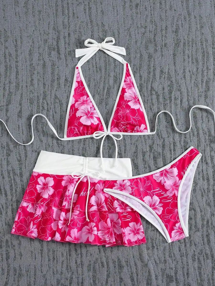 Womens Floral Print Halter Bikini Set With Skirt Cover Up For Beach Vacation
Womens Floral Print Halter Bikini Set With Skirt Cover Up For Beach Vacation