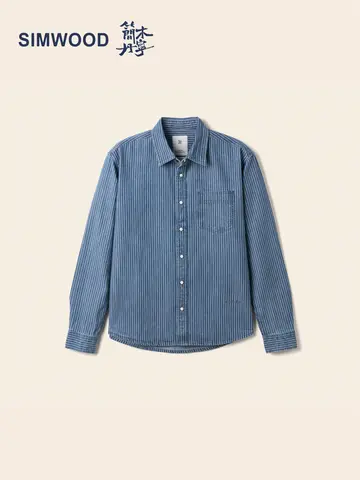 SIMWOOD Oversized Men's Denim Shirt Vertical Stripe 100% Cotton 8oz Loose Fit Casual Style Shirts For Men