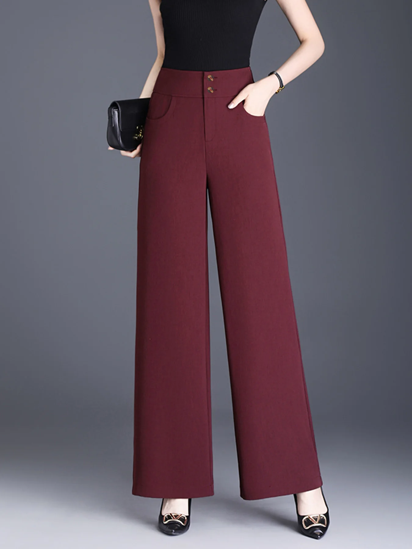 Wine red high waisted wide leg pants with a drooping straight leg commuting suit pants
Wine red high waisted wide leg pants with a drooping straight leg commuting suit pants