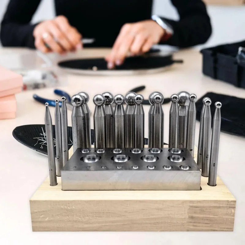 19Pcs Dapping Doming Punch Block Set Metal Forming Die, Multifunctional DIY Crafts, Wood Base, Dapping Block Punch Puncher
19Pcs Dapping Doming Punch Block Set Metal Forming Die, Multifunctional DIY Crafts, Wood Base, Dapping Block Punch Puncher