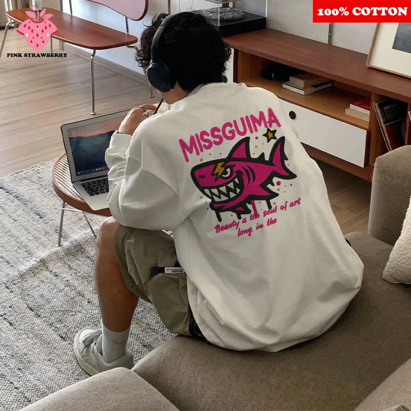 American Street Shark Print T-shirt Men Autumn 2025 New 100% Cotton White Long sleeves Casual Loose T-shirt Top Y2k Men clothing
American Street Shark Print T-shirt Men Autumn 2025 New 100% Cotton White Long sleeves Casual Loose T-shirt Top Y2k Men clothing