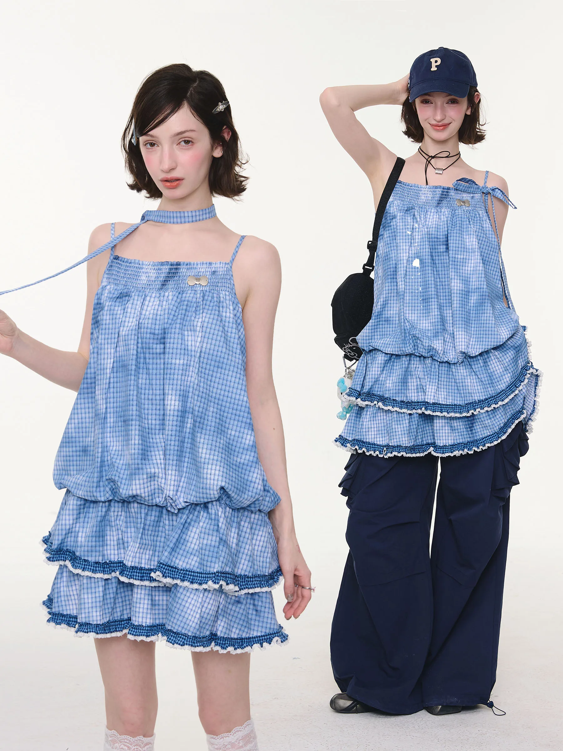 ZiziFei Summer Slimming Blue Plaid Lace Hem Crop Top Skirt Women's Fashion Vintage Style Cake Dress Sleeveless Loose Fit
ZiziFei Summer Slimming Blue Plaid Lace Hem Crop Top Skirt Women's Fashion Vintage Style Cake Dress Sleeveless Loose Fit
