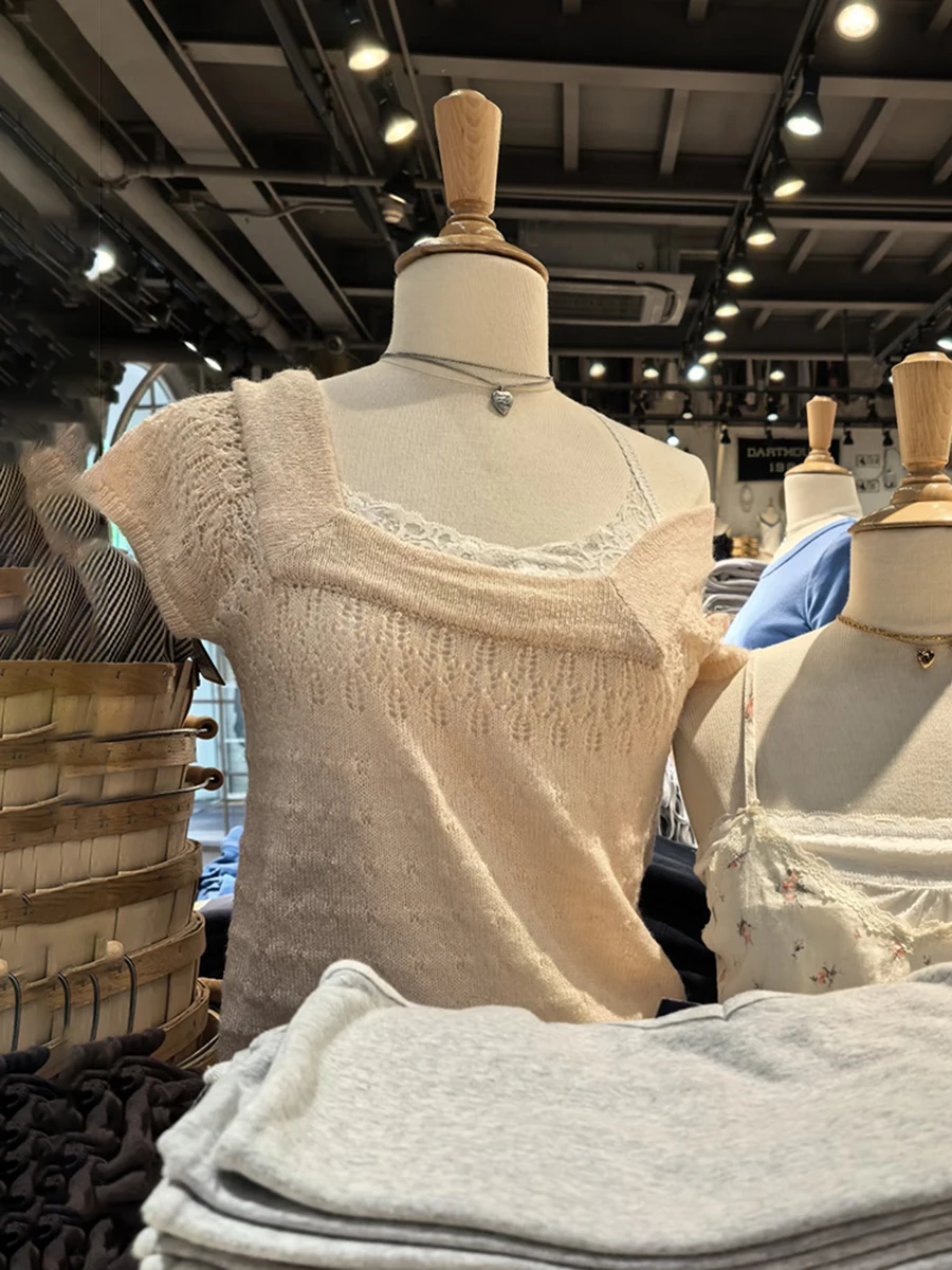 Hollow Out Knitted Slim Crop Top Woman New Square Neck Short Sleeve Thin T-shirt Summer Sweet Preppy Style Apricot Pink Tee Tops
Hollow Out Knitted Slim Crop Top Woman New Square Neck Short Sleeve Thin T-shirt Summer Sweet Preppy Style Apricot Pink Tee Tops