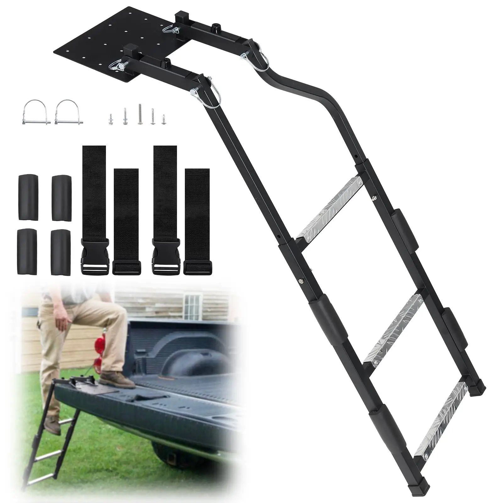 Heavy-Duty Foldable Rear Ladder for Pickup Trucks with Anti-Slip Steps, Adjustable Height, And Universal Fit for Ram, for Ford, Chevy, And for GMC. Easy to Install with Four Screw Options.
Heavy-Duty Foldable Rear Ladder for Pickup Trucks with Anti-Slip Steps, Adjustable Height, And Universal Fit for Ram, for Ford, Chevy, And for GMC. Easy to Install with Four Screw Options.