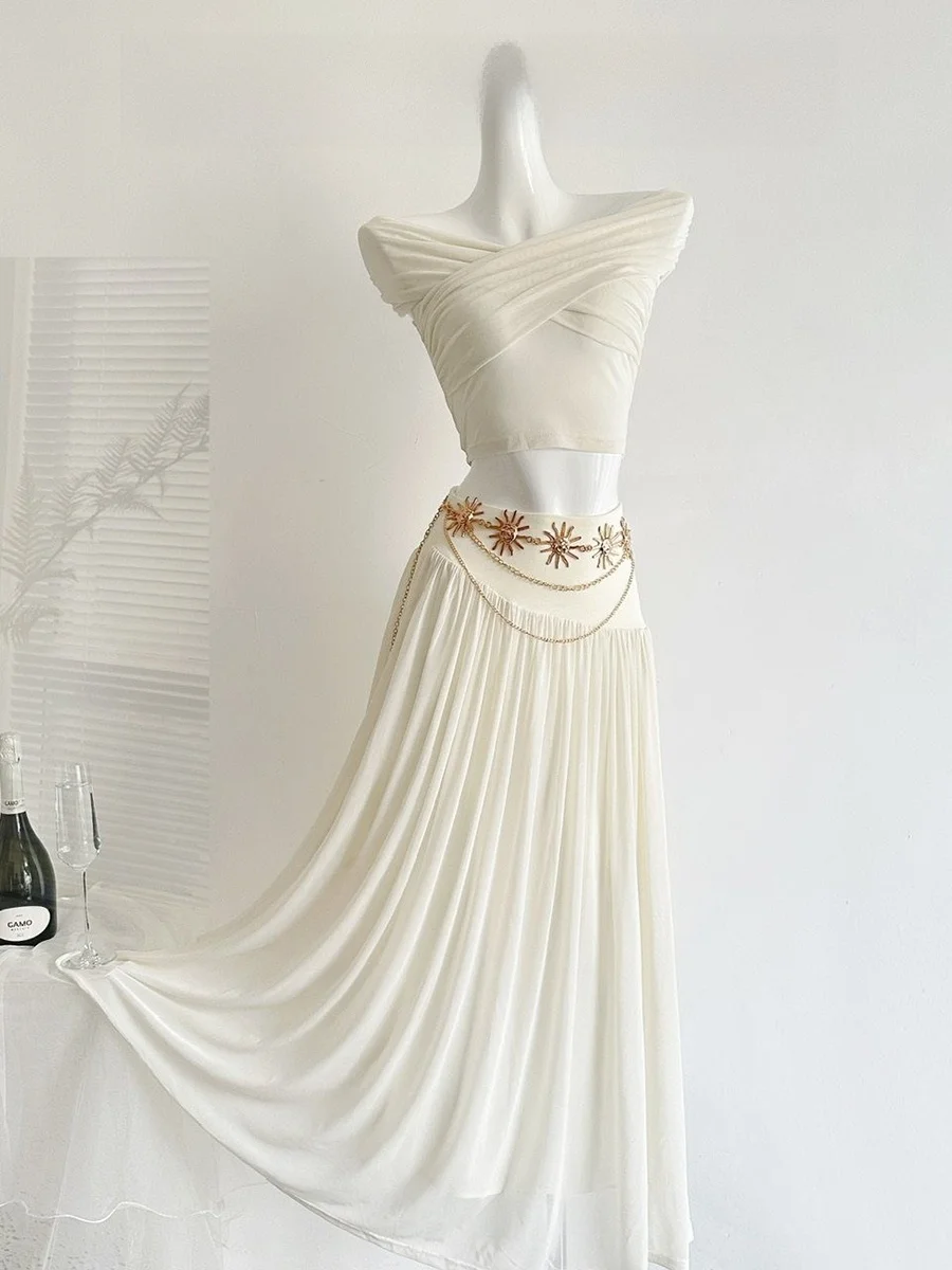 White Holiday Style Ultra-Fairy Two-Piece Set Shoulder-Baring Pleated Top Draped Skirt Summer LUCKYMAN Women's Ensemble
White Holiday Style Ultra-Fairy Two-Piece Set Shoulder-Baring Pleated Top Draped Skirt Summer LUCKYMAN Women's Ensemble