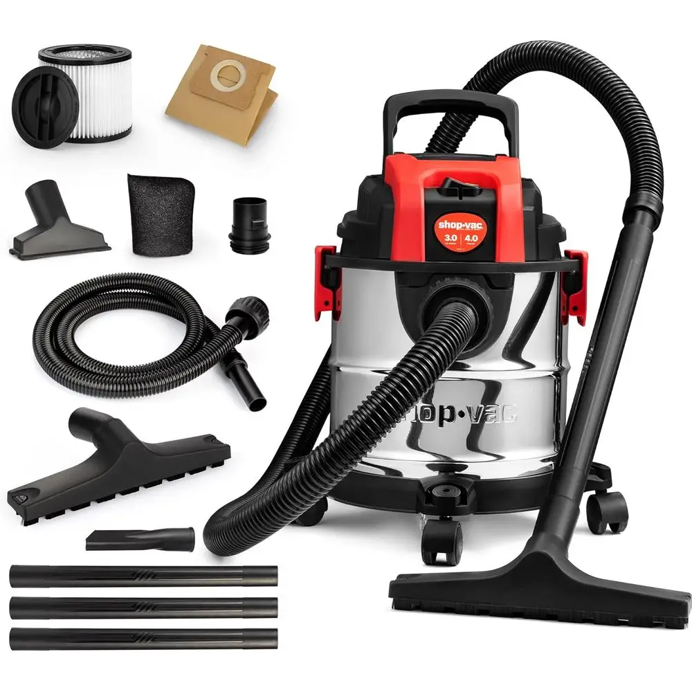 3 Gallon 4.0 HP Wet/Dry Vacuum with Blower, Stainless Steel Tank, Portable with Wheels, Includes Filters, Hose & Accessories, Pe
3 Gallon 4.0 HP Wet/Dry Vacuum with Blower, Stainless Steel Tank, Portable with Wheels, Includes Filters, Hose & Accessories, Pe