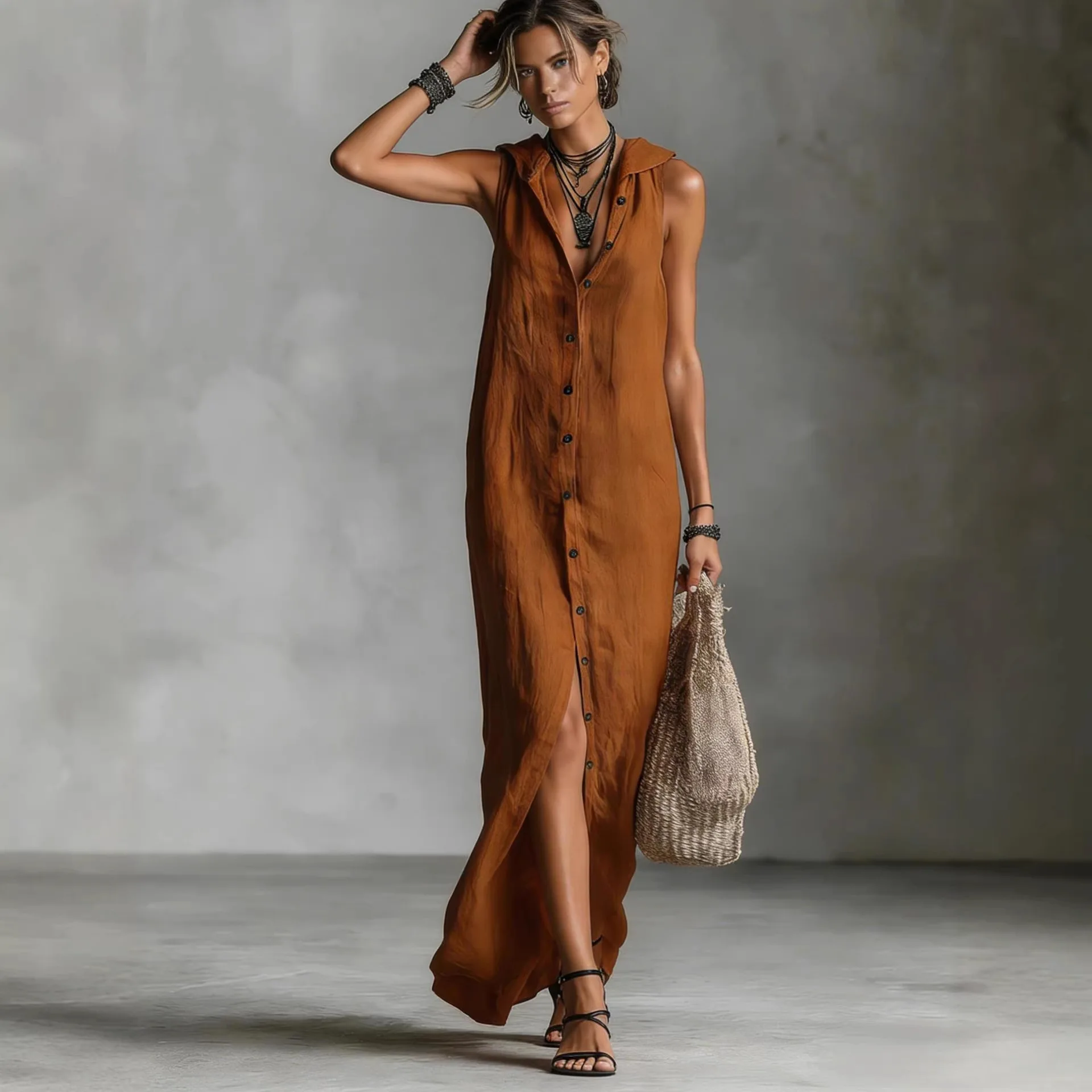 Women's Sleeveless Hooded Long Dress 2026 New Loose V Neck Single-Breasted Patchwork Dress Female Summer New Simple Party Dress
Women's Sleeveless Hooded Long Dress 2026 New Loose V Neck Single-Breasted Patchwork Dress Female Summer New Simple Party Dress