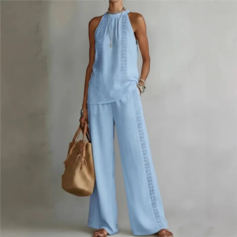 Fashion Hollow Lace Women's 2-Piece Set Halter Neck Sleeveless Tops + Wide Leg Pants Solid color Suit Summer Leisure Vacation
Fashion Hollow Lace Women's 2-Piece Set Halter Neck Sleeveless Tops + Wide Leg Pants Solid color Suit Summer Leisure Vacation
