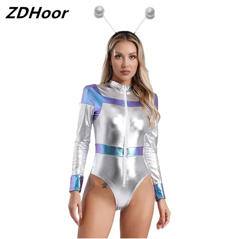 Womens Space Astronaut Cosplay Costume Sets with Alien Hair Hoop Long Sleeve Bodycon Metallic Shiny Jumpsuit Halloween
Womens Space Astronaut Cosplay Costume Sets with Alien Hair Hoop Long Sleeve Bodycon Metallic Shiny Jumpsuit Halloween
