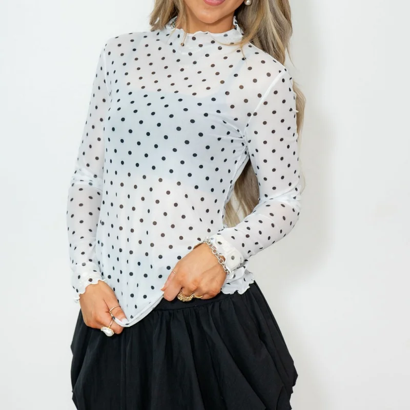 Women's Polka Dots Sheer Mesh Top Cropped Mock Neck Long Sleeve T Shirt
Women's Polka Dots Sheer Mesh Top Cropped Mock Neck Long Sleeve T Shirt