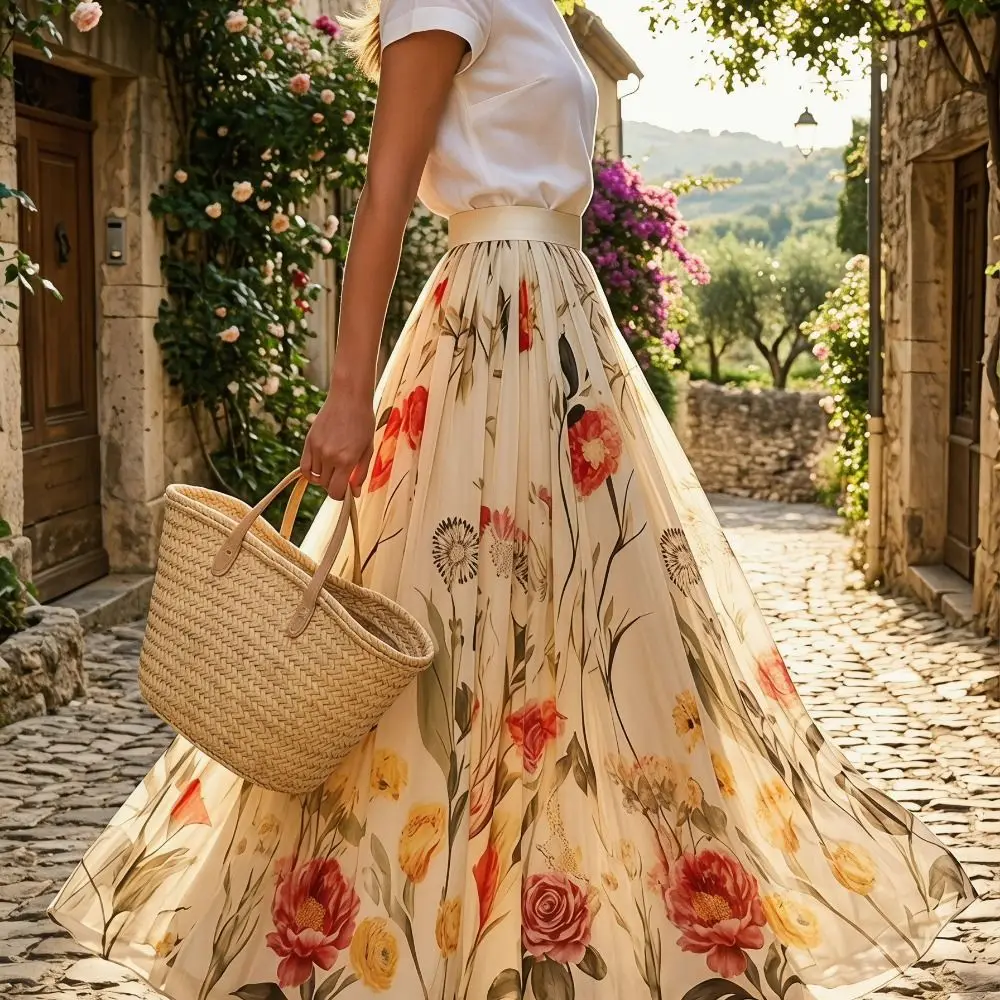 Sweet Elastic Waist Women Printed A-line Skirt Mesh Overlay Pleated Long Skirt Flower Embroidery High Waist Skirts Casual Attire
Sweet Elastic Waist Women Printed A-line Skirt Mesh Overlay Pleated Long Skirt Flower Embroidery High Waist Skirts Casual Attire