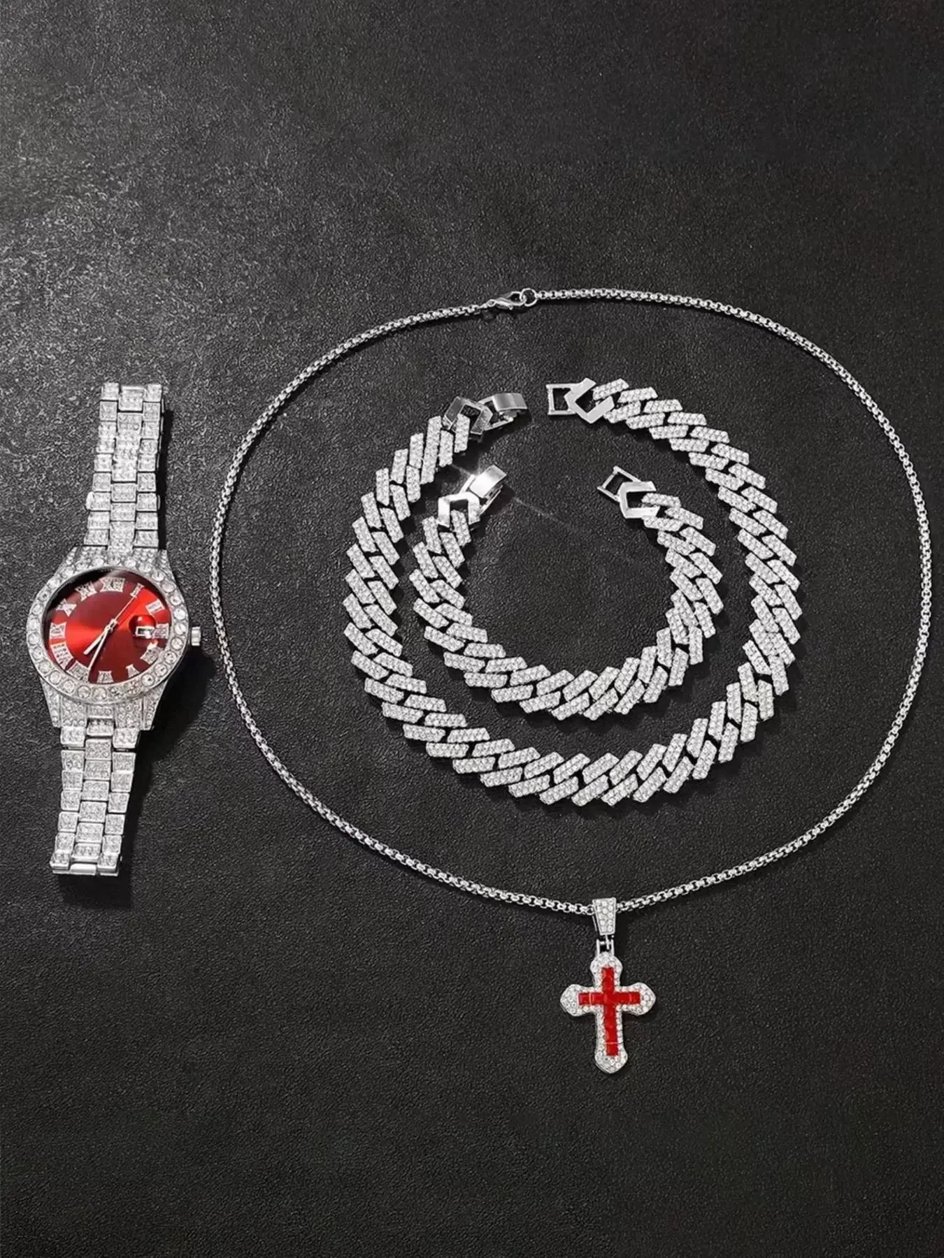 4pcs men's fashion watch and jewelry set: cross pendant necklace set, circular dial - the perfect gift for him
4pcs men's fashion watch and jewelry set: cross pendant necklace set, circular dial - the perfect gift for him