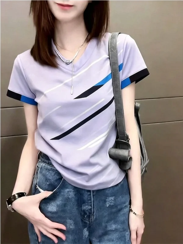 Summer 2026 Women's Slim Fit Short Sleeve T-Shirt V-Neck Purple Striped Patchwork Casual Style Versatile Fashionable Top
Summer 2026 Women's Slim Fit Short Sleeve T-Shirt V-Neck Purple Striped Patchwork Casual Style Versatile Fashionable Top
