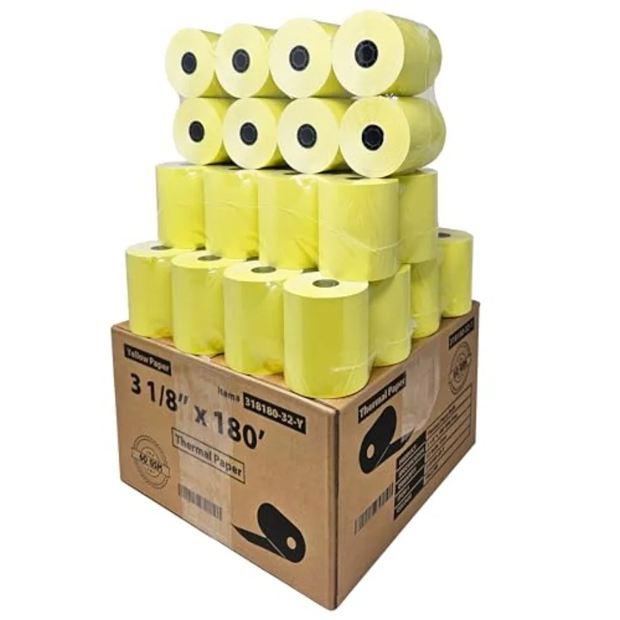 32 Rolls 3 1/8 x 180 Yellow Thermal Paper Receipt Rolls (60 GSM Paper Thickness) fits all Clover POS Cash Register Printers Yel
32 Rolls 3 1/8 x 180 Yellow Thermal Paper Receipt Rolls (60 GSM Paper Thickness) fits all Clover POS Cash Register Printers Yel