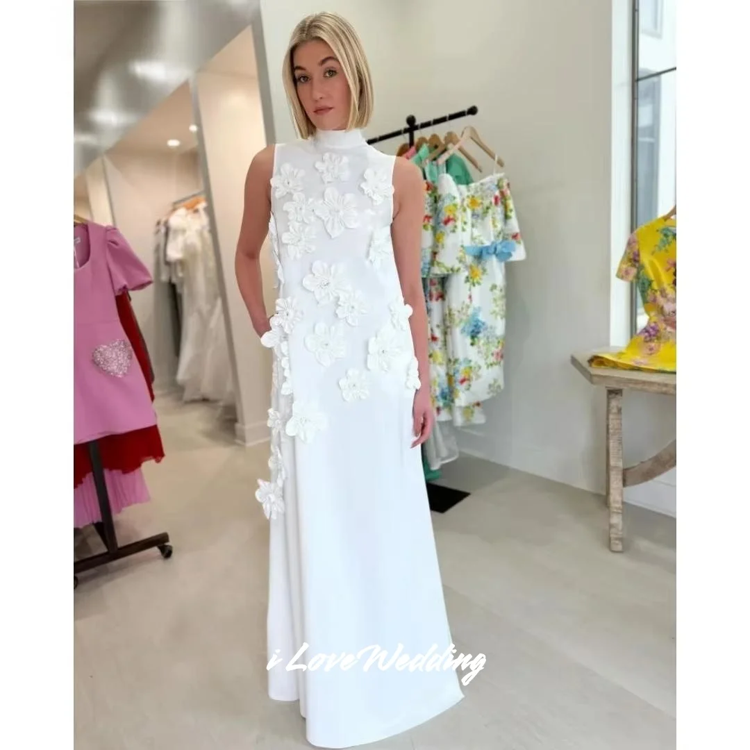 White High Neck Prom Dresses 2025 Satin Sleeveless 3D Flower A-Line Bow Pleated Floor-Length Evening Dress Party Dress Customize
White High Neck Prom Dresses 2025 Satin Sleeveless 3D Flower A-Line Bow Pleated Floor-Length Evening Dress Party Dress Customize