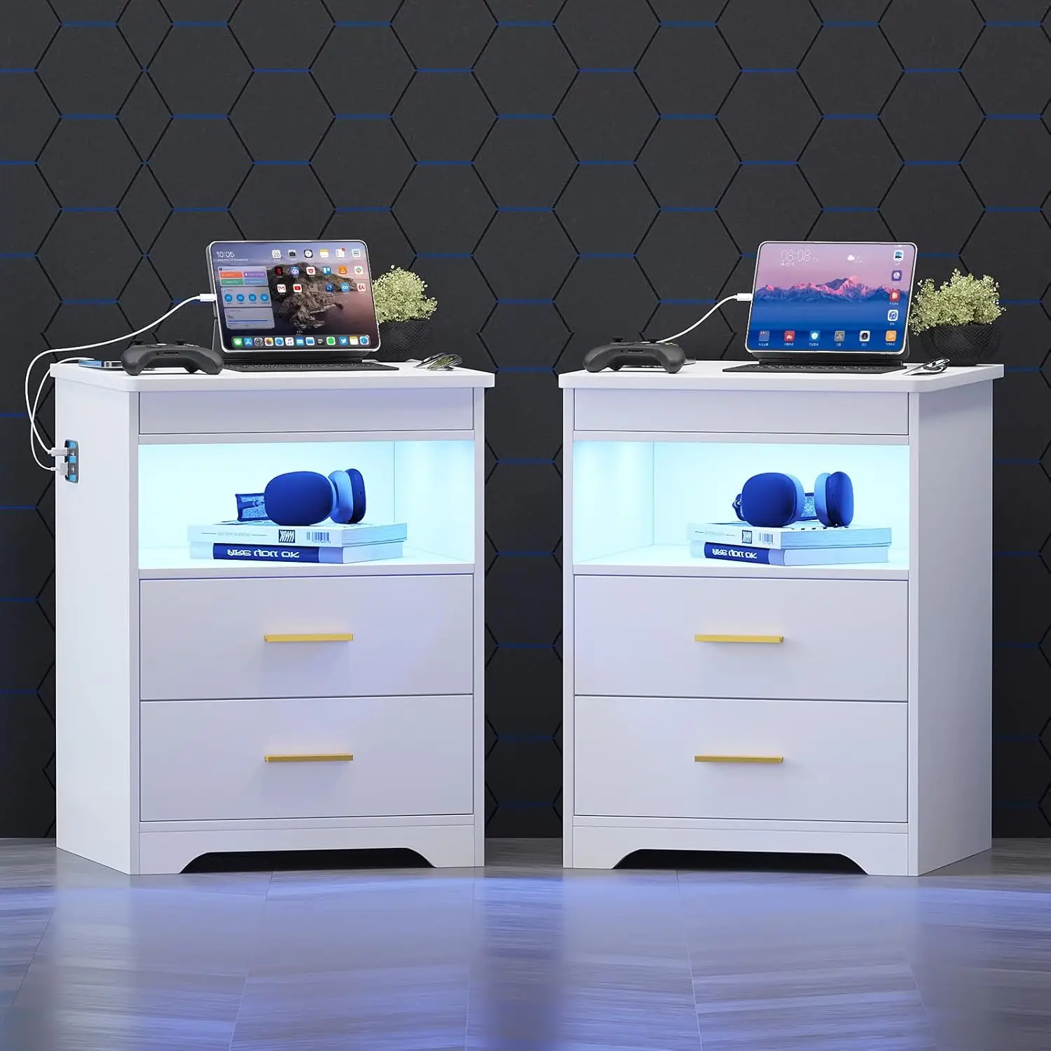 2-Drawer Nightstand Charging Station LED Bedside Table Auto Sensor 3-Color Dimmable Lock Gun Bedroom End Table Customized
2-Drawer Nightstand Charging Station LED Bedside Table Auto Sensor 3-Color Dimmable Lock Gun Bedroom End Table Customized