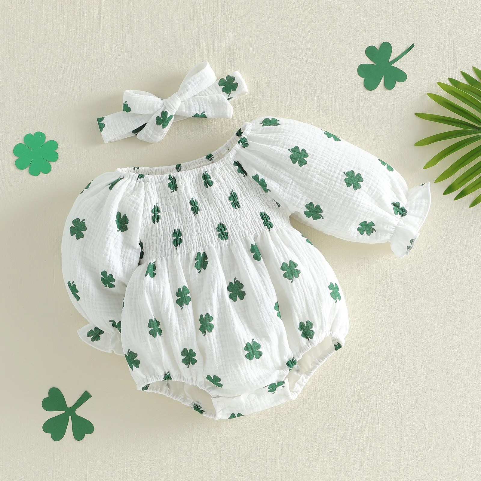 Infant Baby Girl Irish Day Romper Long Sleeve Off Shoulder Shamrock Print Romper with Headband for 0-24M
Infant Baby Girl Irish Day Romper Long Sleeve Off Shoulder Shamrock Print Romper with Headband for 0-24M