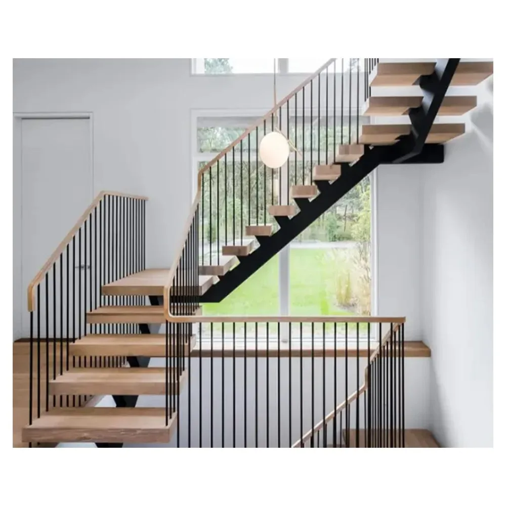 Modern single-girder steel staircase, laser-cut steel profiles, open column design, black powder coating
Modern single-girder steel staircase, laser-cut steel profiles, open column design, black powder coating