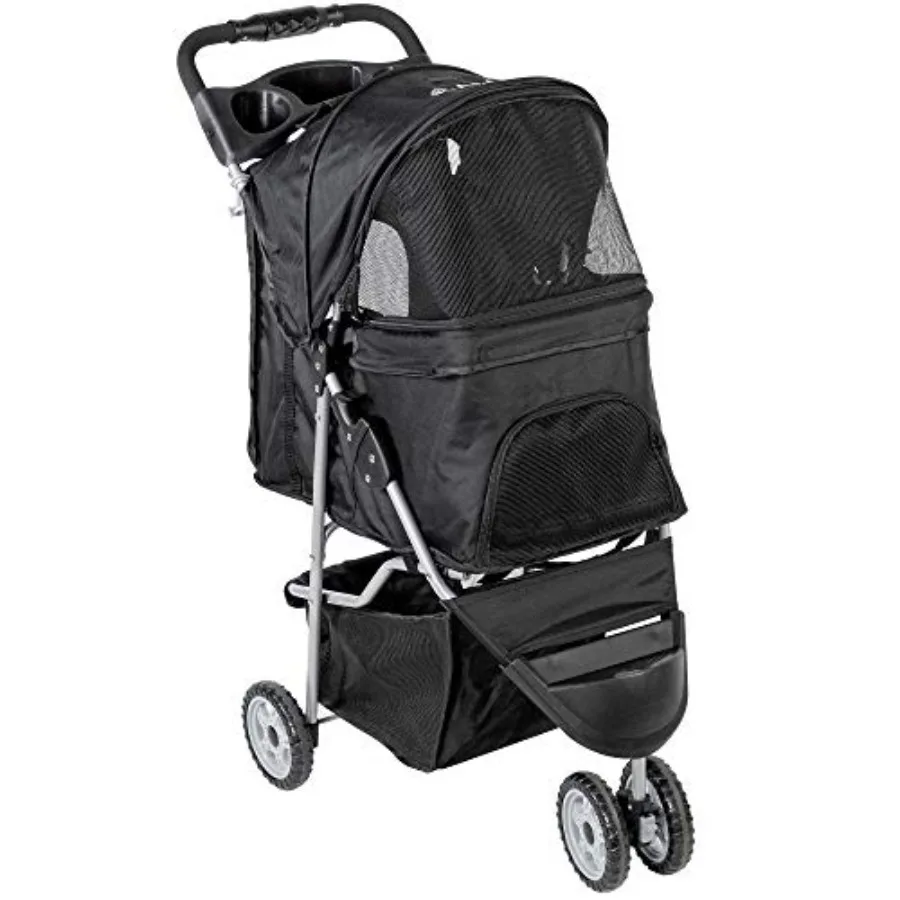 Pet stroller for cat and dog use, black polyester fabric, foldable 3-wheel design with smooth-rolling wheels and adjustable han
Pet stroller for cat and dog use, black polyester fabric, foldable 3-wheel design with smooth-rolling wheels and adjustable han