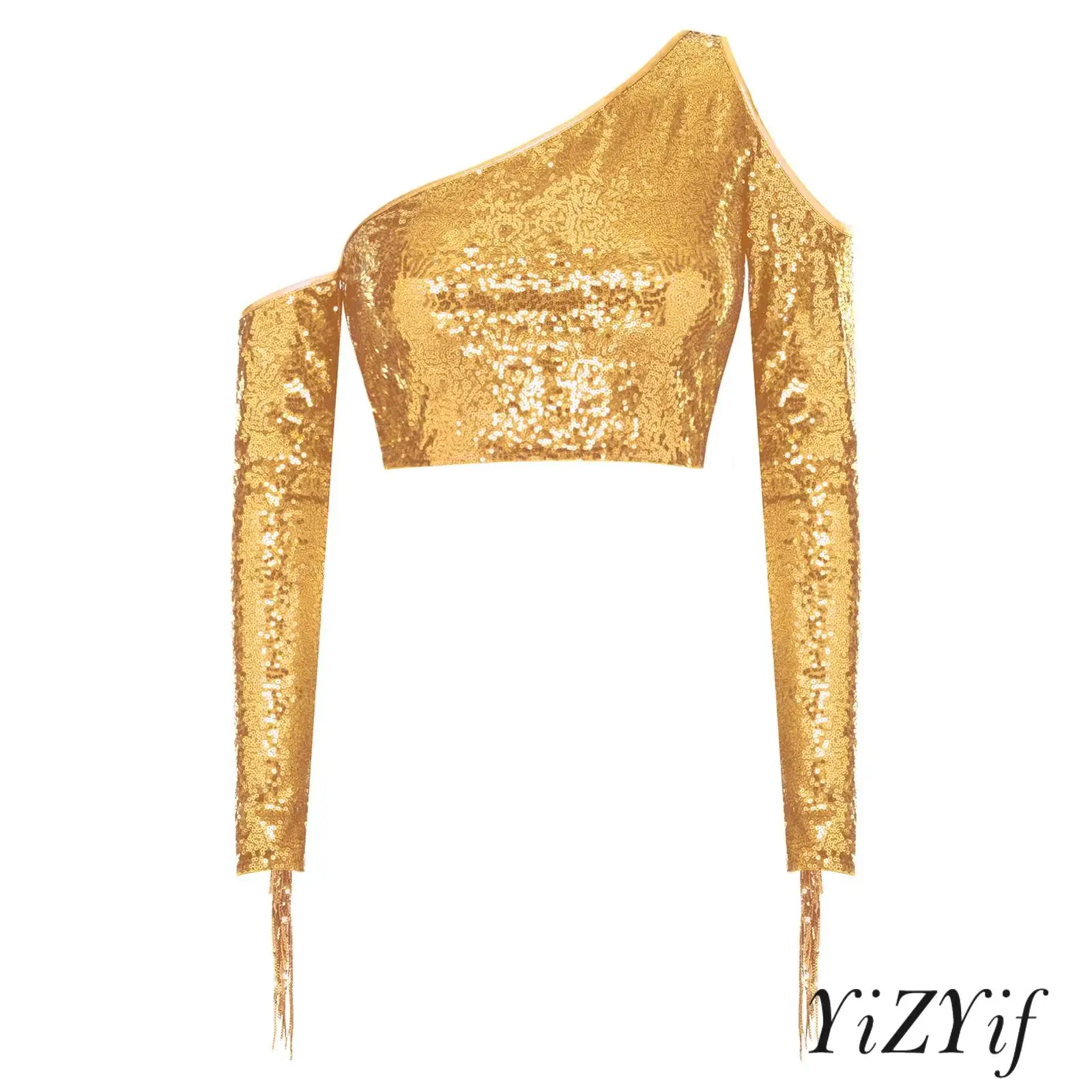 Women Allover Sequin One Shoulder Crop Top Cold Shoulder Long Sleeve Tassel Crop T-shirt Sparkly Blouses for Dance Party
Women Allover Sequin One Shoulder Crop Top Cold Shoulder Long Sleeve Tassel Crop T-shirt Sparkly Blouses for Dance Party