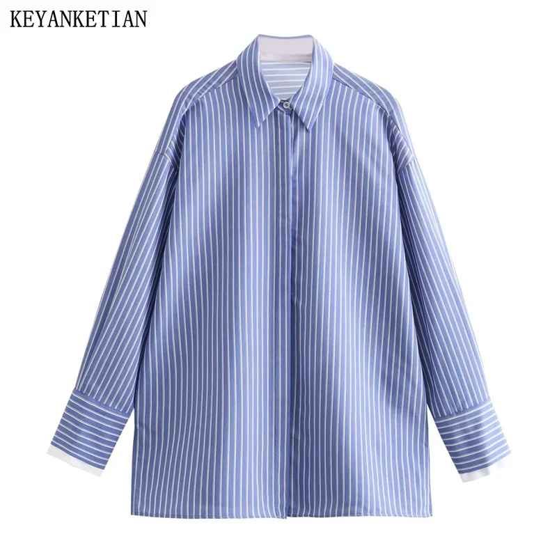 KEYANKETIAN 2024 New Launch Women's Blue and White Striped Shirt Unisex style Single Breasted Oversize Loose Blouse Ladies TOPS
KEYANKETIAN 2024 New Launch Women's Blue and White Striped Shirt Unisex style Single Breasted Oversize Loose Blouse Ladies TOPS