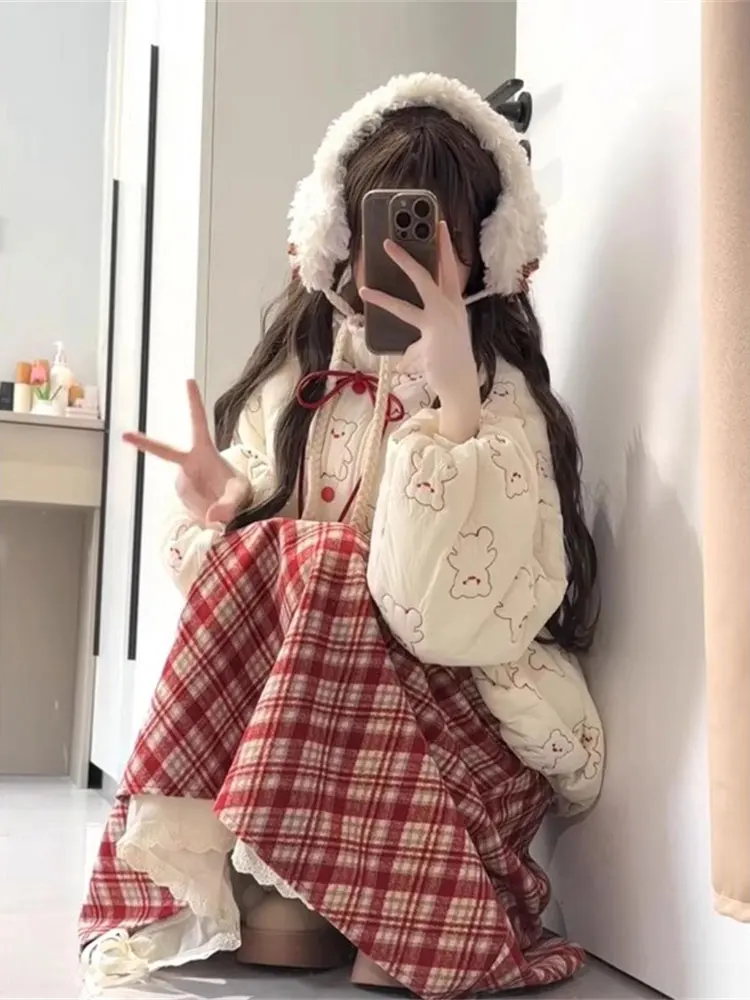 plus Size Christmas Outfit Japanese Embroidered down Cotton Jacket And Plaid Skirt Two Piece Set for plus Size Women
plus Size Christmas Outfit Japanese Embroidered down Cotton Jacket And Plaid Skirt Two Piece Set for plus Size Women