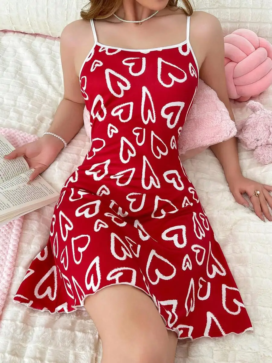 Women Red Heart Print Silk Blend Slip Dress For Sleep And Lounge
Women Red Heart Print Silk Blend Slip Dress For Sleep And Lounge