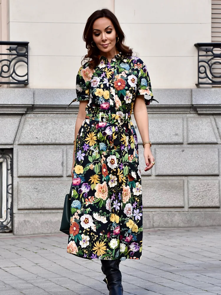 TRAFZA Stylish Poplin Floral Printed Midi Dress Lapel With Belt Short Sleeves A-line Vintage Dresses For Women ‘s 2025 Spring
TRAFZA Stylish Poplin Floral Printed Midi Dress Lapel With Belt Short Sleeves A-line Vintage Dresses For Women ‘s 2025 Spring
