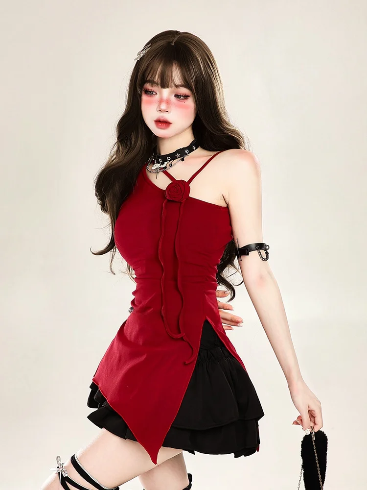 Spicy Girl Y2K Shoulder Bared Sleeveless T-Shirt Women's Summer Unique Design Asymmetrical Red Slim Fit Top Cotton Pure Color
Spicy Girl Y2K Shoulder Bared Sleeveless T-Shirt Women's Summer Unique Design Asymmetrical Red Slim Fit Top Cotton Pure Color