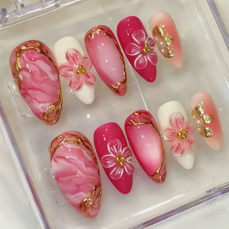 Pink Gilded 3D Flower Press On Nails, Handmade Almond Nails with Marble & Ombre Design
Pink Gilded 3D Flower Press On Nails, Handmade Almond Nails with Marble & Ombre Design